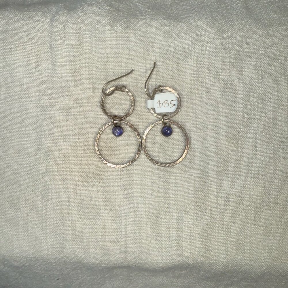 Double Circle Hoop Dangle Earrings With Round Blue Stone Accent Modern Jewelry